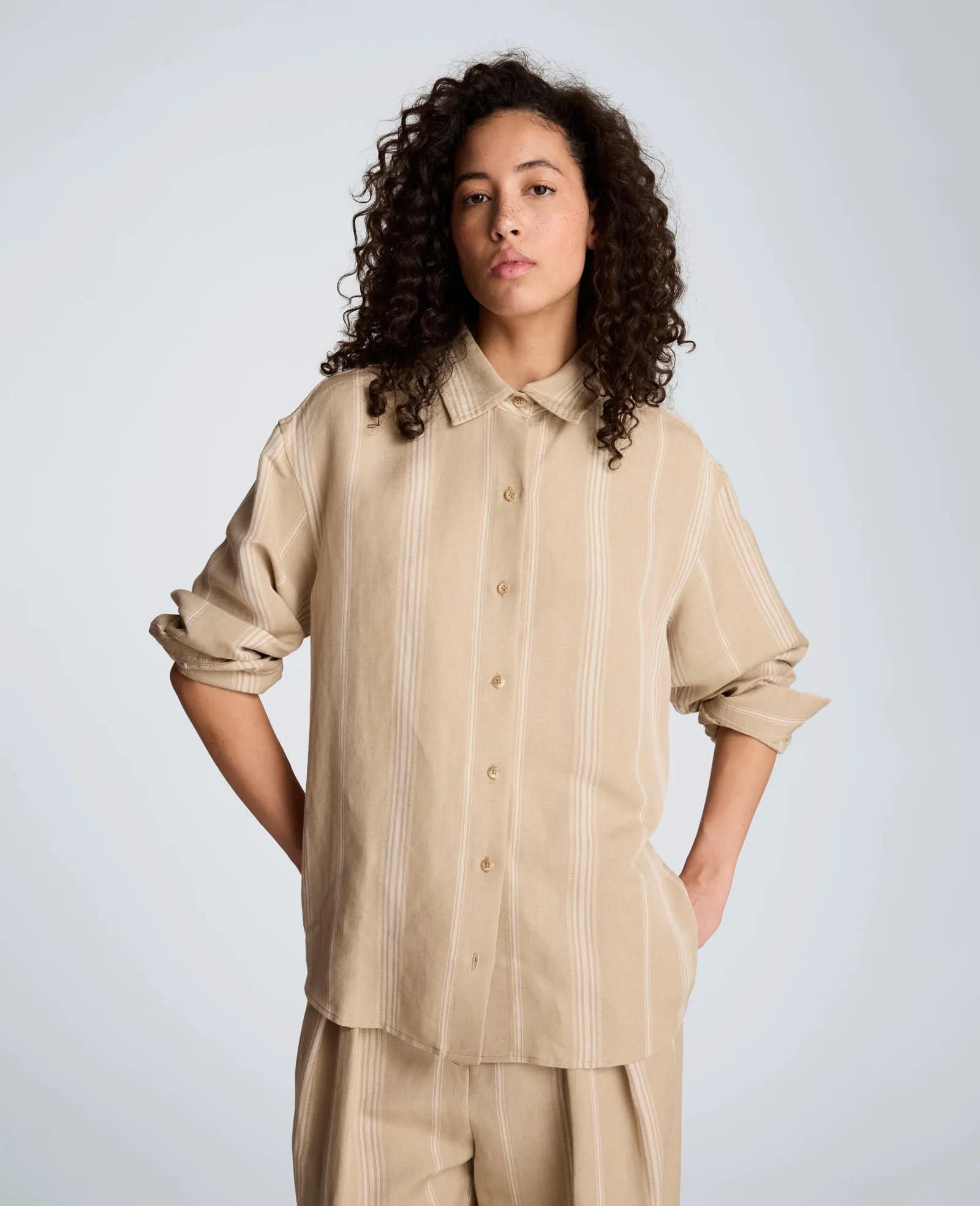 Striped Drop Shoulder Button Front Boyfriend Linen Shirt sold by Kenneth Cole