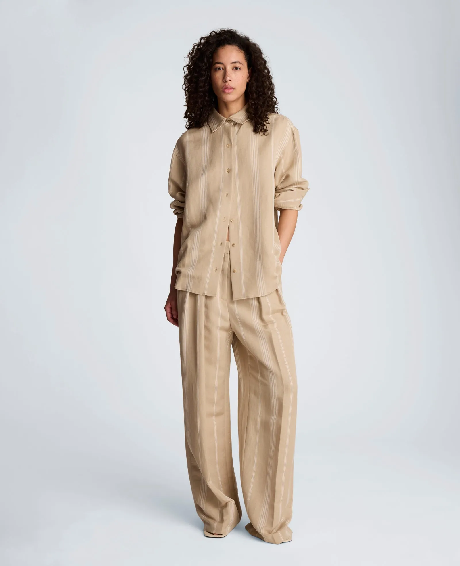 Striped Drop Shoulder Button Front Boyfriend Linen Shirt sold by Kenneth Cole product image thumbnail 4
