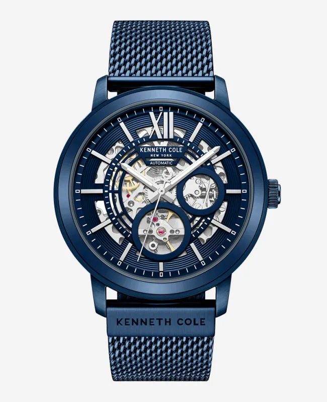 Skeleton Automatic Blue-IP Stainless Steel Mesh Strap Watch made by Kenneth Cole