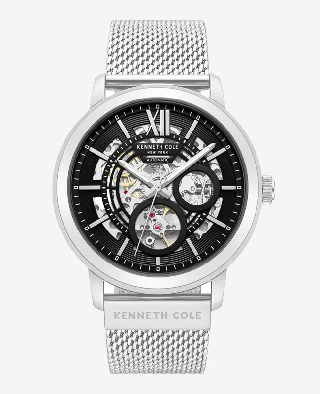 Skeleton Automatic Black Dial Stainless Steel Mesh Strap Watch made by Kenneth Cole