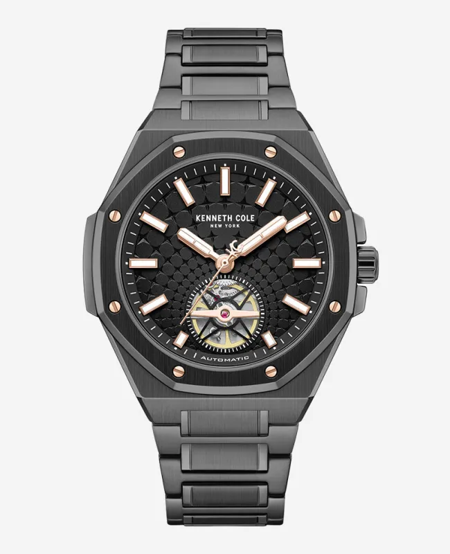 Skeleton Automatic Black Rose Gold Stainless Steel Bracelet Watch made by Kenneth Cole