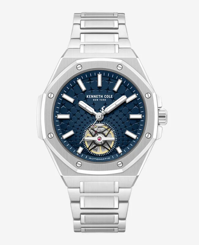 Skeleton Automatic Blue Dial Stainless Steel Bracelet Watch made by Kenneth Cole