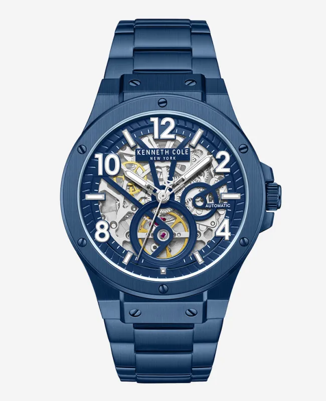 Skeleton Automatic Blue-IP Stainless Steel Bracelet Watch made by Kenneth Cole