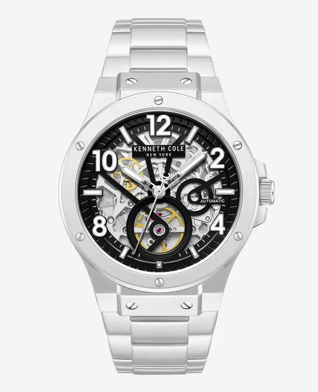 Skeleton Automatic Silver-IP Black Dial Stainless Steel Bracelet Watch made by Kenneth Cole
