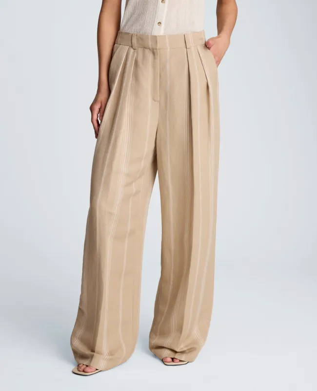 Striped Linen Blend High Rise Fly Front Double Pleat Wide Leg Pant made by Kenneth Cole