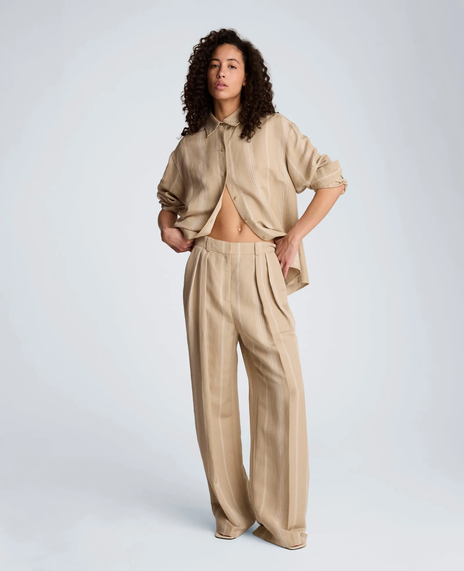Striped Linen Blend High Rise Fly Front Double Pleat Wide Leg Pant sold by Kenneth Cole product image thumbnail 4