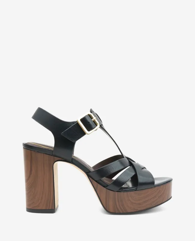Lotus Woven Leather T-Strap Wood Platform Sandal made by Kenneth Cole