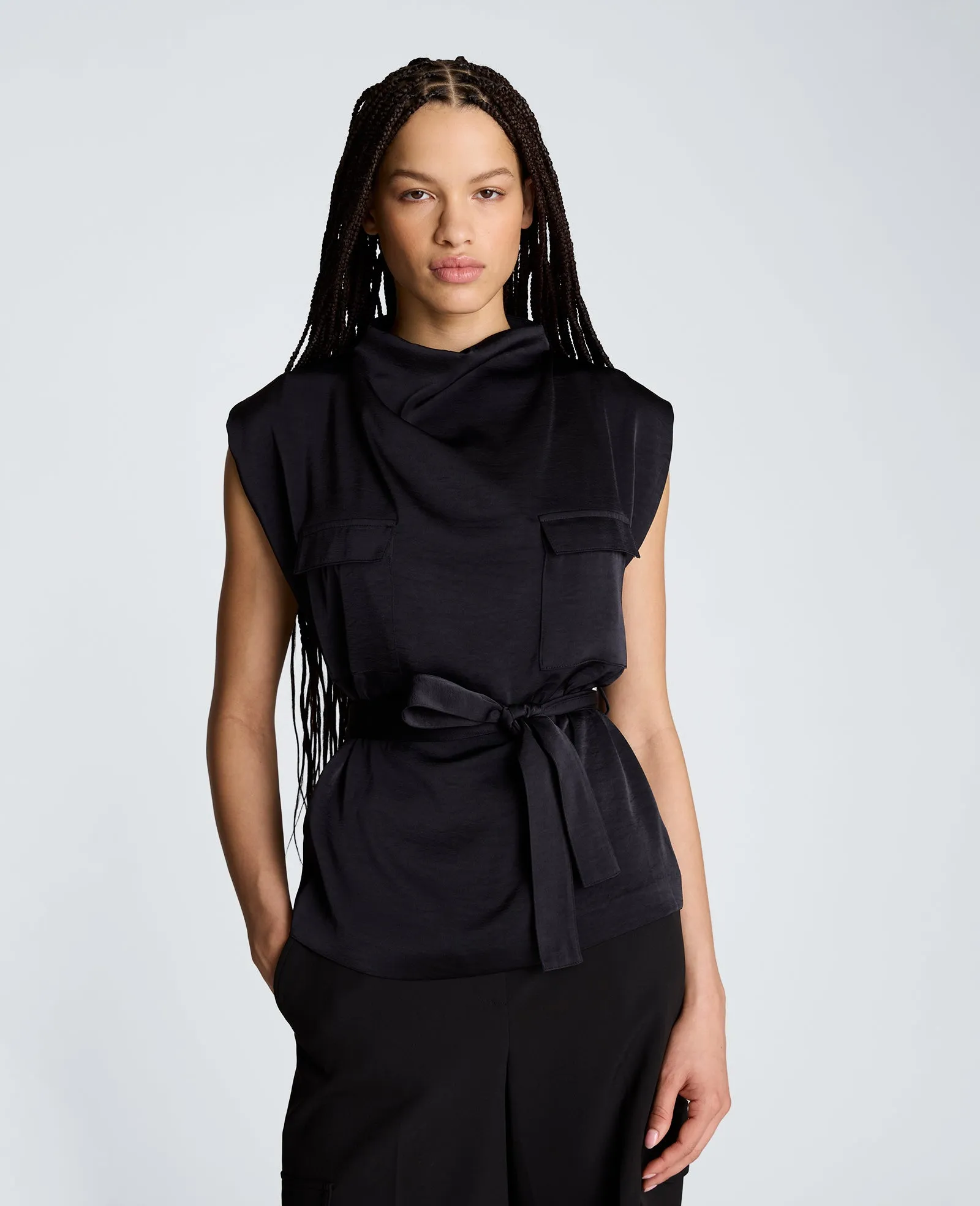 High Cowl Neck Belted Blouse with Chest Pockets sold by Kenneth Cole