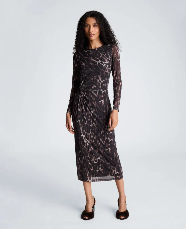 Knot Front Long Sleeve Mesh Midi Dress made by Kenneth Cole