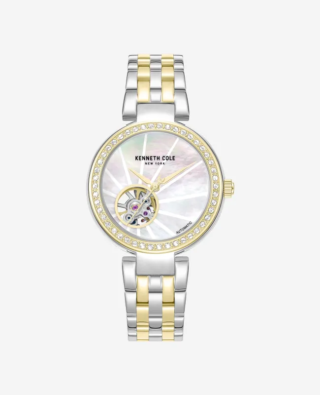 Open Heart Automatic Crystal Lined MOP Dial Two Tone Bracelet Watch made by Kenneth Cole