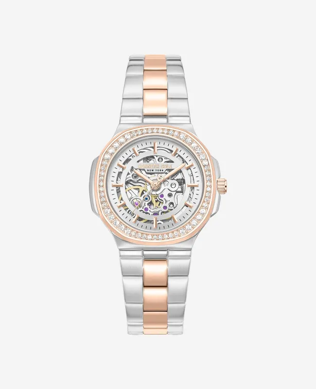 Skeleton Automatic Crystal Lined Outer Dial Two Tone Bracelet Watch made by Kenneth Cole