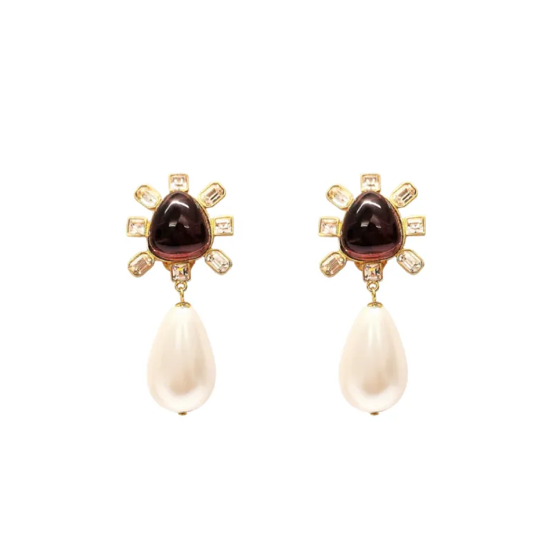 Clear Crystal and Amethyst Cabochon Center Pearl Drop Clip Earring sold by Kenneth Jay Lane