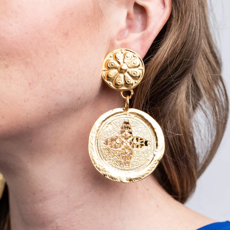 Satin Gold Coin Drop Clip Earrings sold by Kenneth Jay Lane