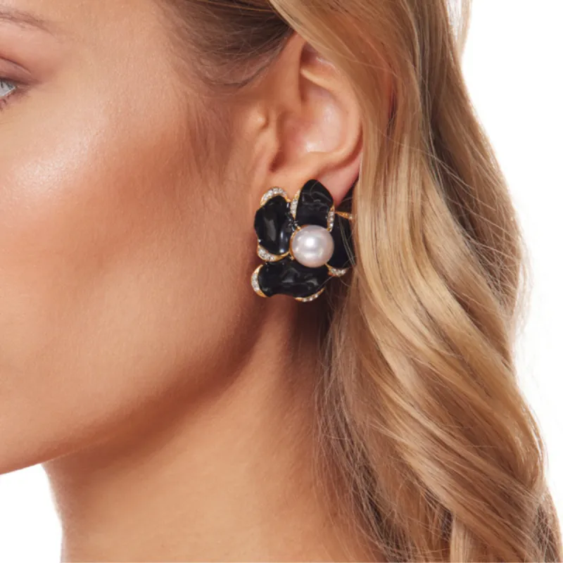 Black Enamel Flower Clip Earrings sold by Kenneth Jay Lane