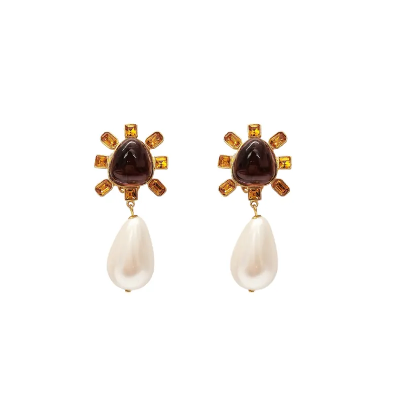 Topaz and Amethyst Cabochon Center Pearl Drop Clip Earring sold by Kenneth Jay Lane