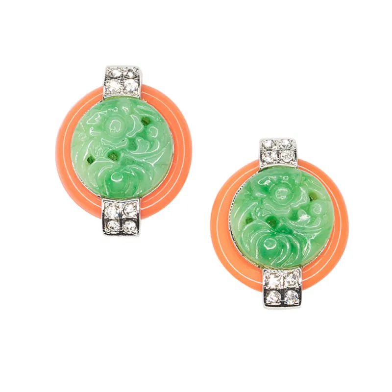 Coral And Jade Art Deco Clip Earrings sold by Kenneth Jay Lane