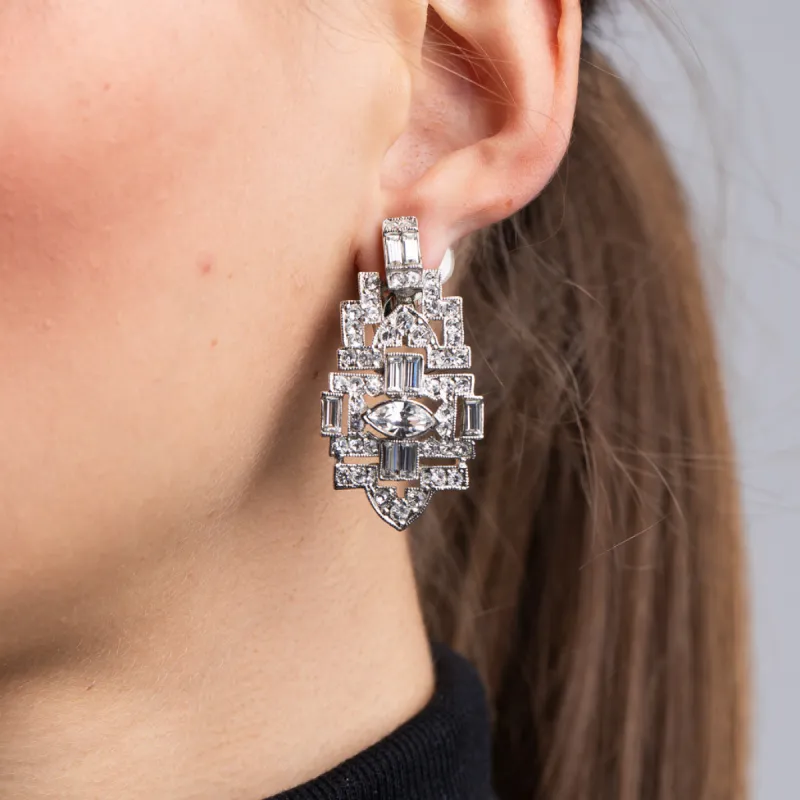 Silver and Crystal Deco Clip Earrings sold by Kenneth Jay Lane