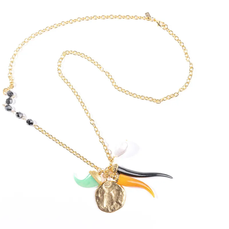 Gold and Jet Chain Necklace with Multicolored Pendants sold by Kenneth Jay Lane