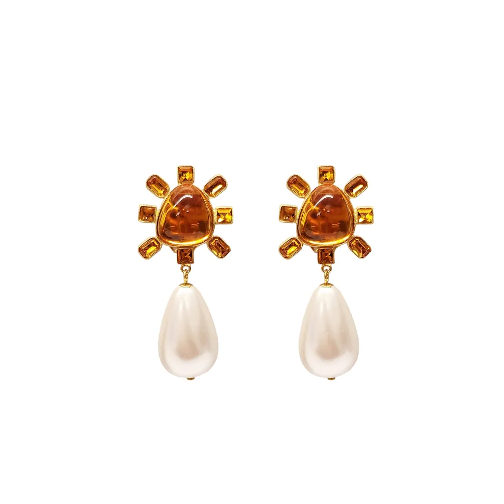Topaz and Topaz Cabochon Center Pearl Drop Clip Earring sold by Kenneth Jay Lane