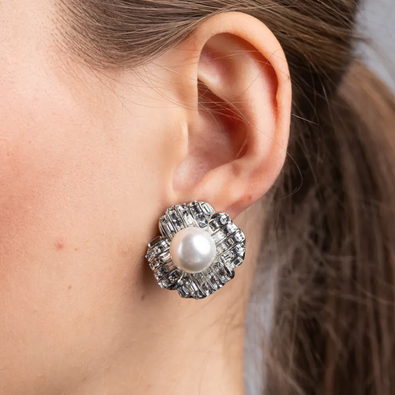 Silver and Crystal Baguette with Pearl Center Flower Clip Earrings sold by Kenneth Jay Lane