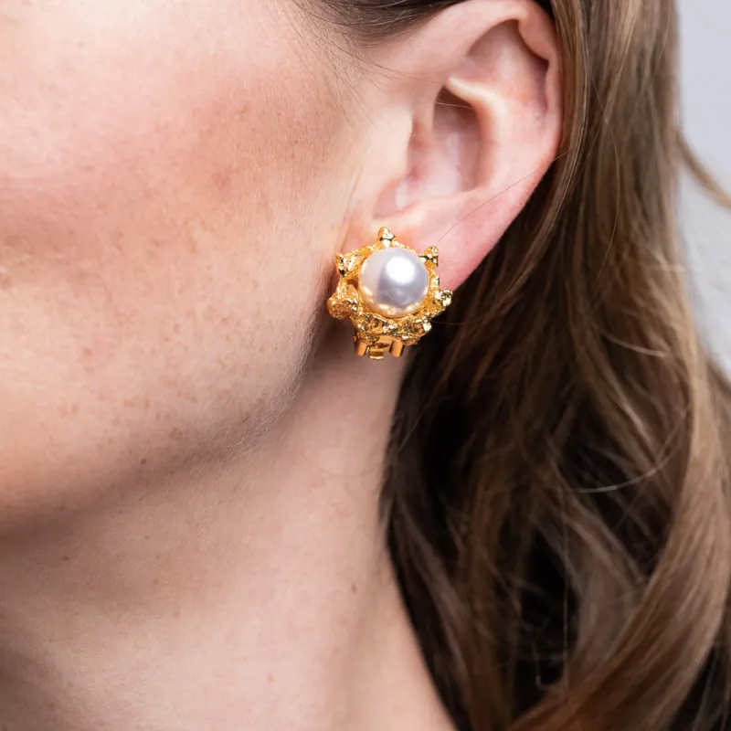 Satin Gold Textured Button Clip Earrings with White Pearl Center sold by Kenneth Jay Lane