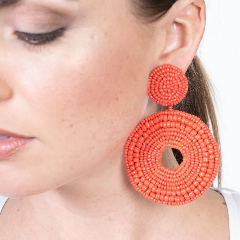 Coral Seedbead Circle Drop Pierced Earrings sold by Kenneth Jay Lane