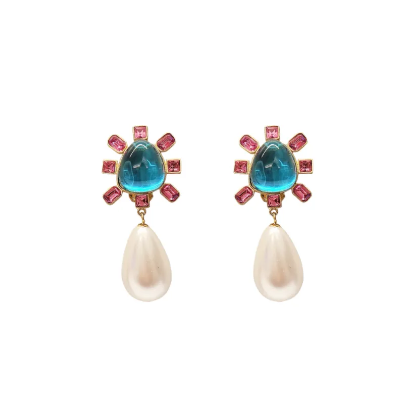 Pink and Aqua Cabochon Center Pearl Drop Clip Earring sold by Kenneth Jay Lane