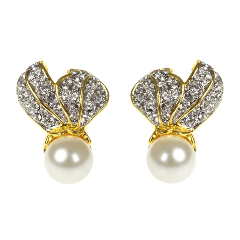 Crystal Leaf Top With Pearl Bottom Clip Earrings sold by Kenneth Jay Lane