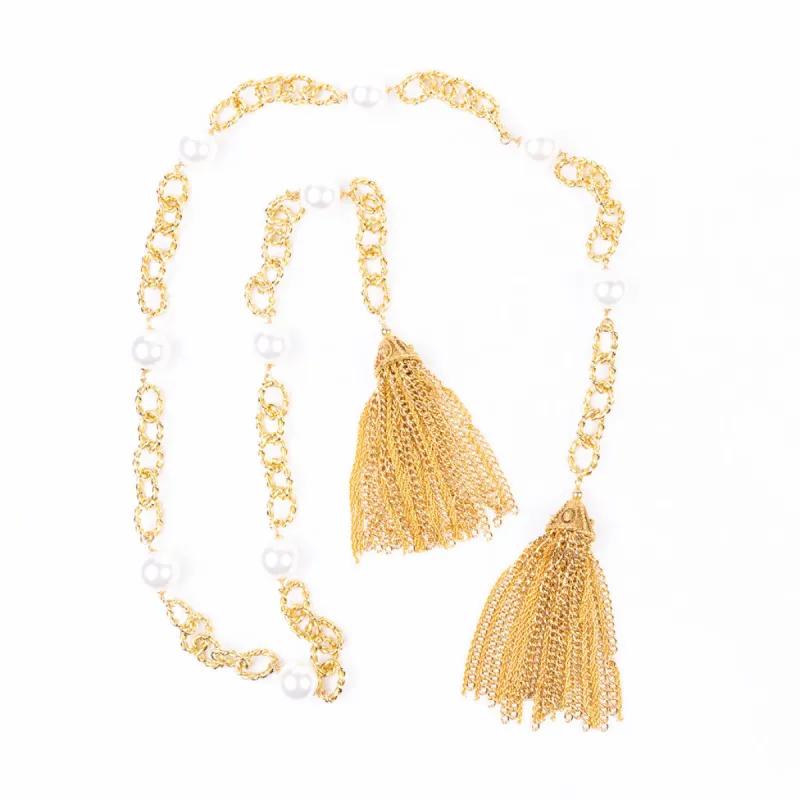 Gold and Pearl Tassel Ends Necklace sold by Kenneth Jay Lane
