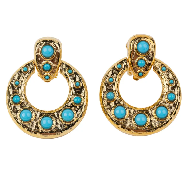 Gold Doorknocker Earring with Turquoise Cabochons sold by Kenneth Jay Lane