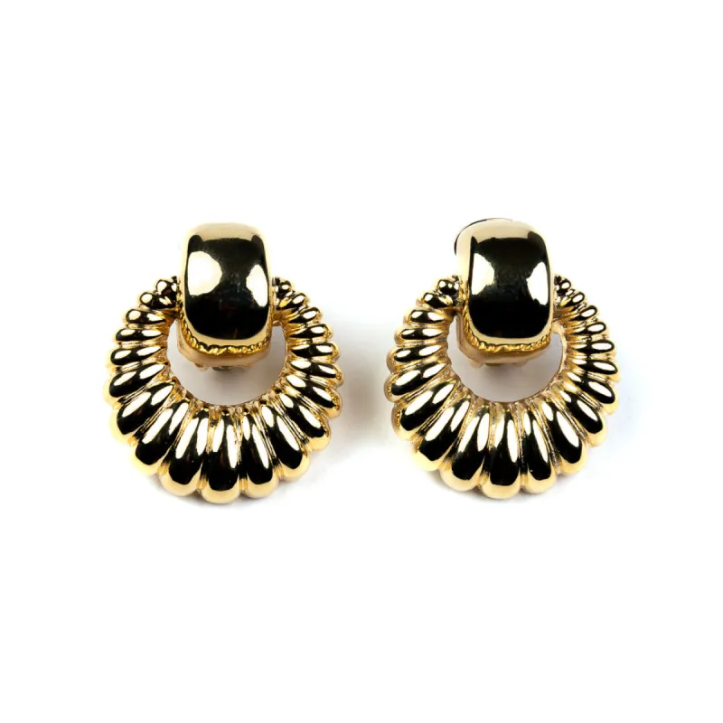 Polished Gold Ribbed DoorKnocker Clip Earrings sold by Kenneth Jay Lane