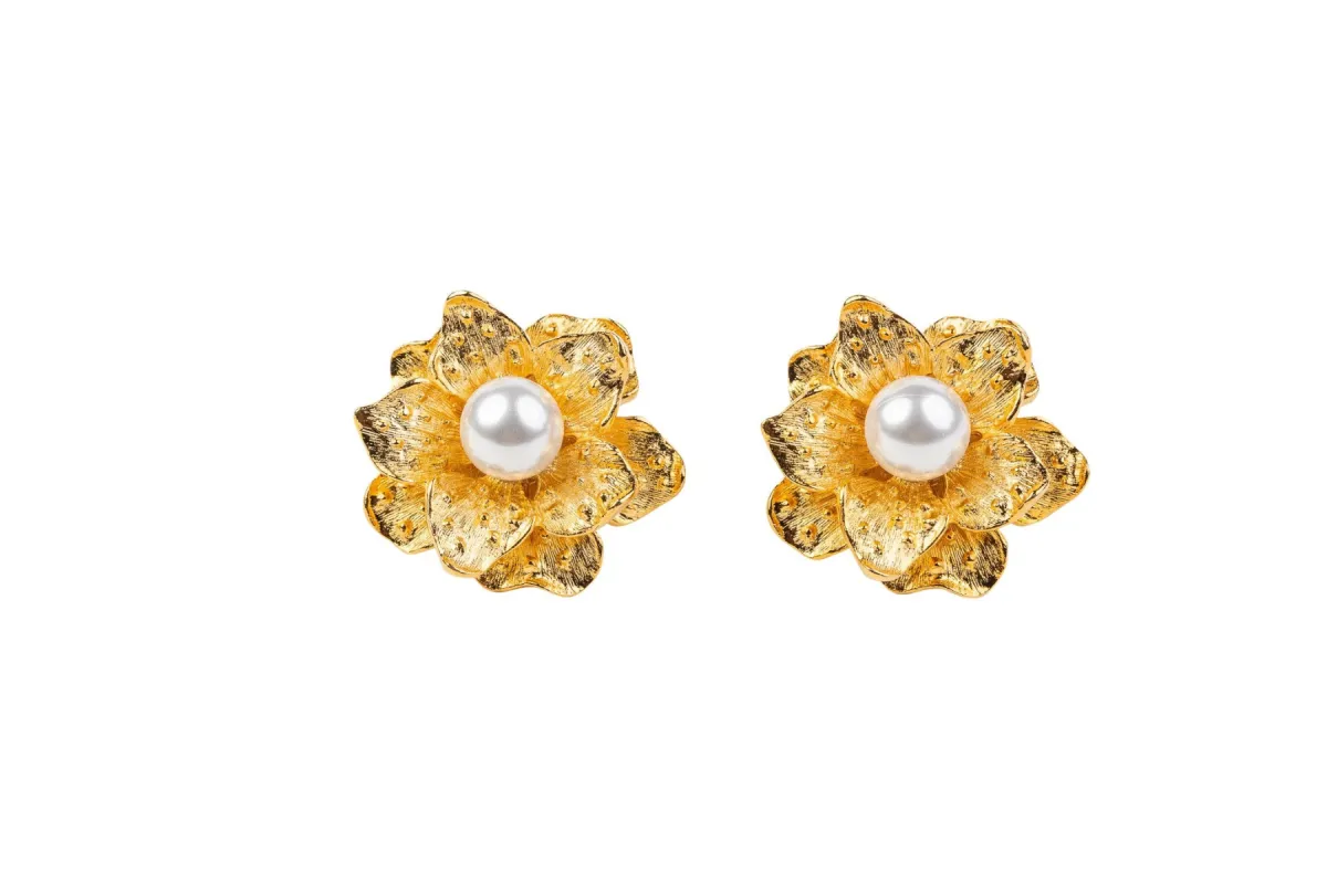 Satin Gold Flower with Pearl Clip Earring sold by Kenneth Jay Lane