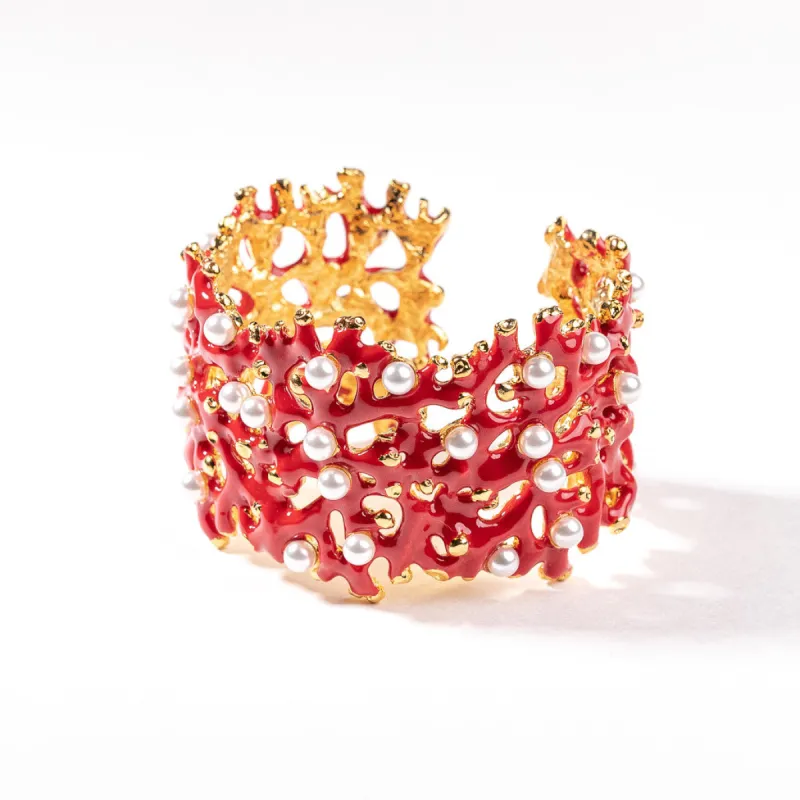 Dark Coral Branch Hinged Cuff with Pearls sold by Kenneth Jay Lane