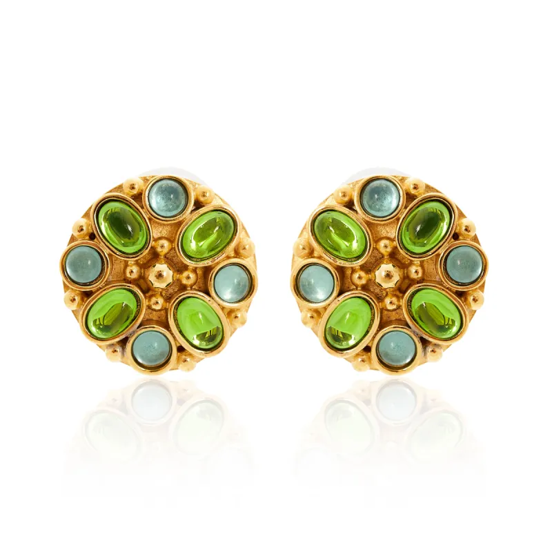 Aqua & Peridot Gold Button Clip Earrings sold by Kenneth Jay Lane