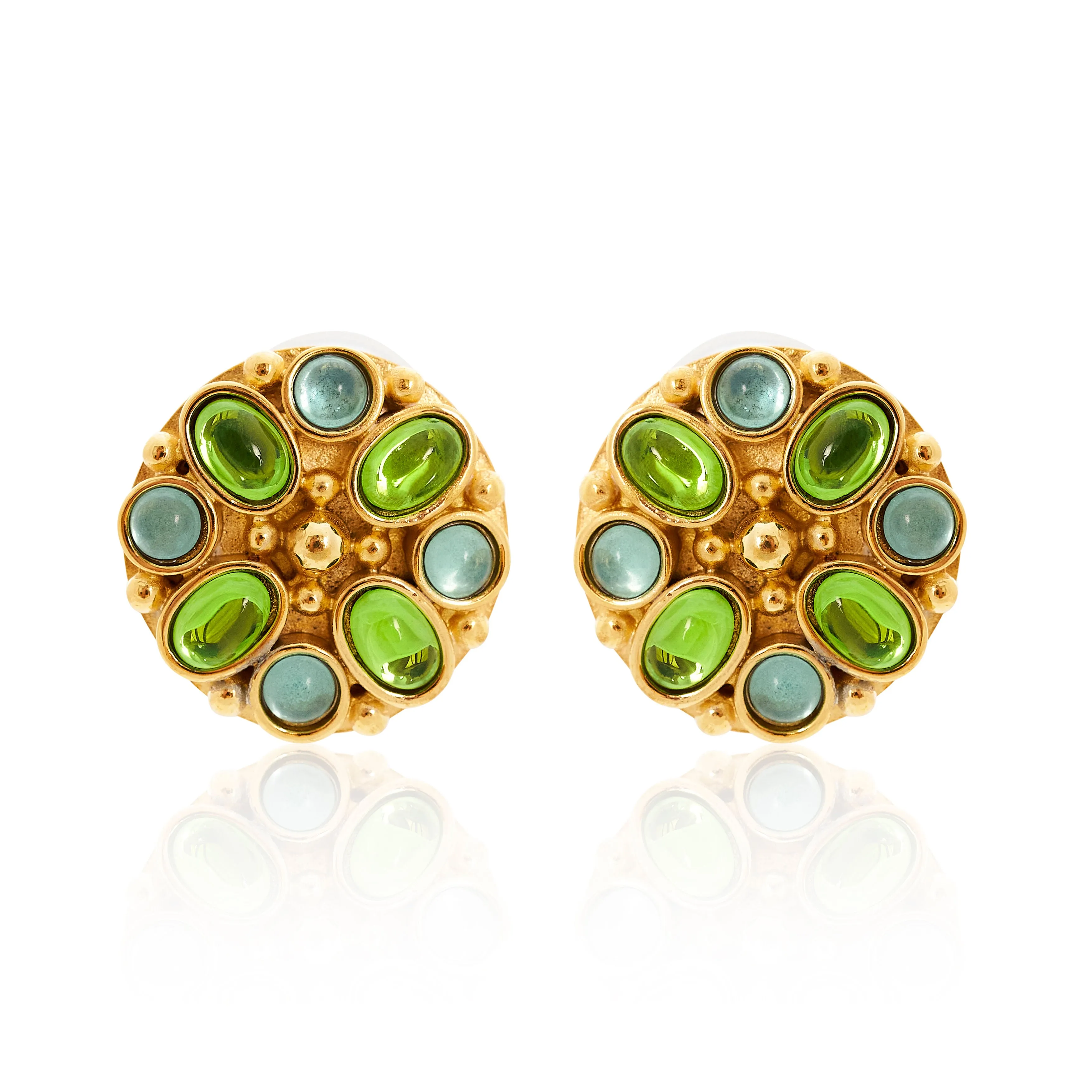 Aqua & Peridot Gold Button Clip Earrings sold by Kenneth Jay Lane