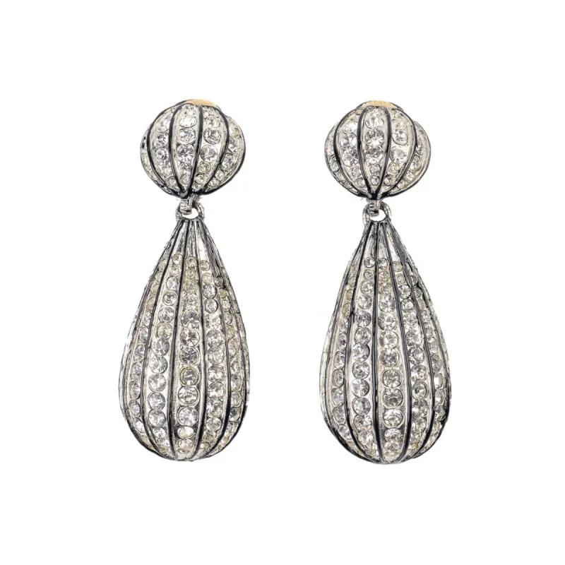 Rhodium and Black Crystal Ribbed Teardrop Earring sold by Kenneth Jay Lane