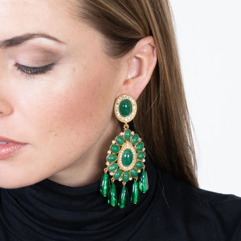 Gold & Emerald Drop Clip Earrings sold by Kenneth Jay Lane
