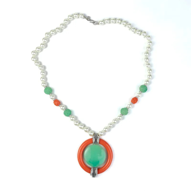 Pearl S-Hook Clasp Necklace with Coral and Jade Pendant sold by Kenneth Jay Lane