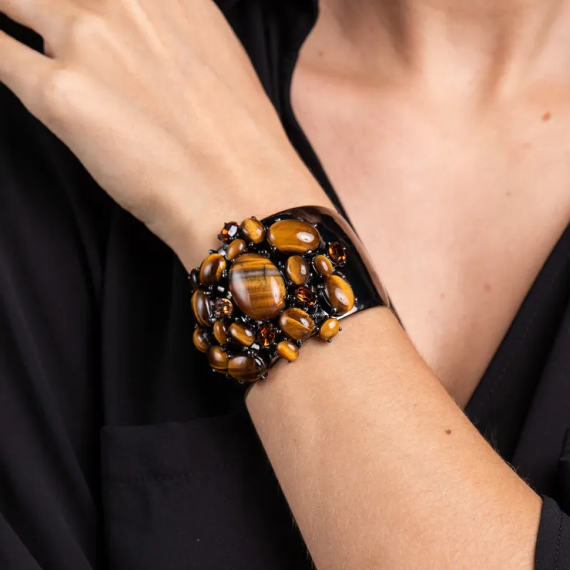 Vintage Tiger Eye Cabochons on Gun Metal Cuff Bracelet sold by Kenneth Jay Lane