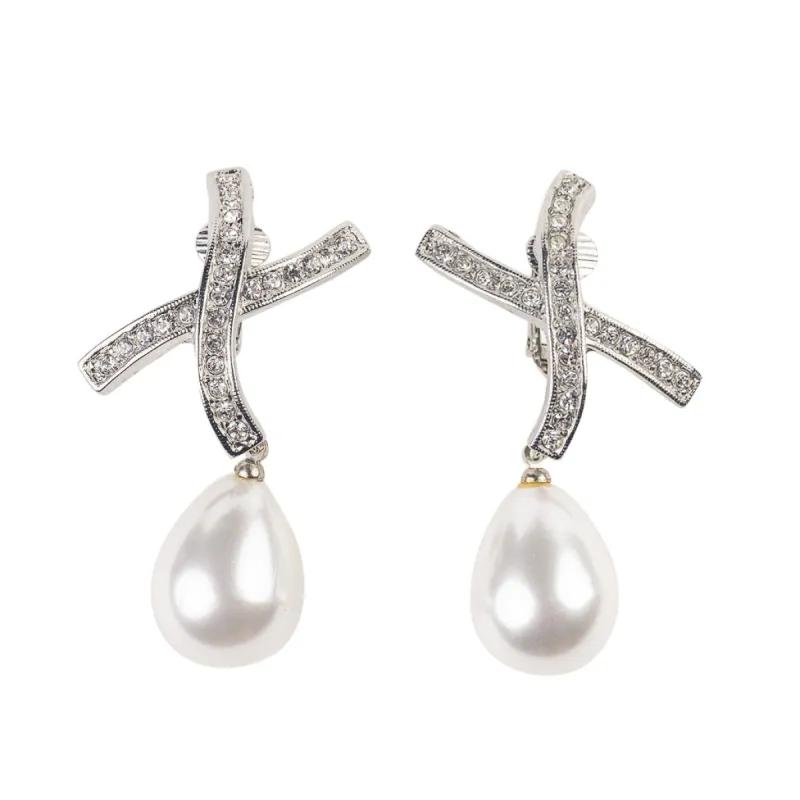Rhinestone "X" Pearl Drop Clip Earrings sold by Kenneth Jay Lane