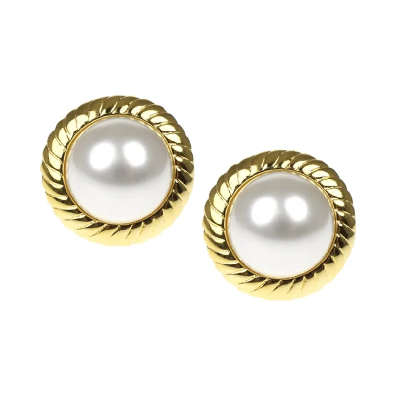 Cultura Pearl & Polished Gold Button Clip Earrings sold by Kenneth Jay Lane