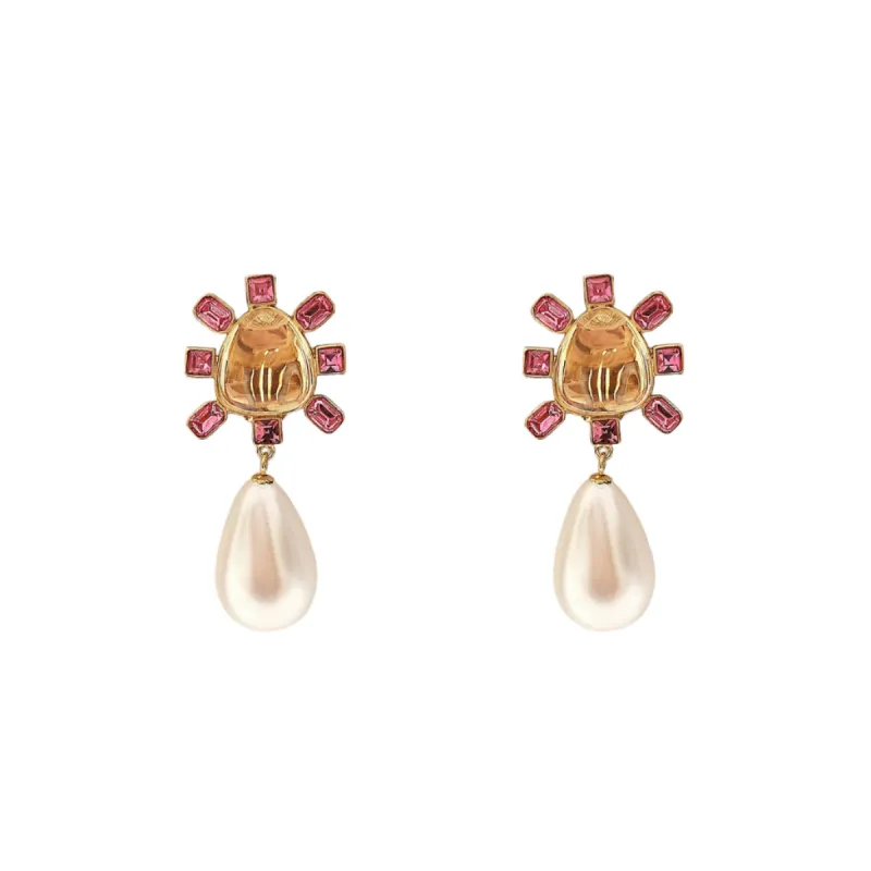 Pink and Clear Crystal Cabochon Center Pearl Drop Clip Earring sold by Kenneth Jay Lane