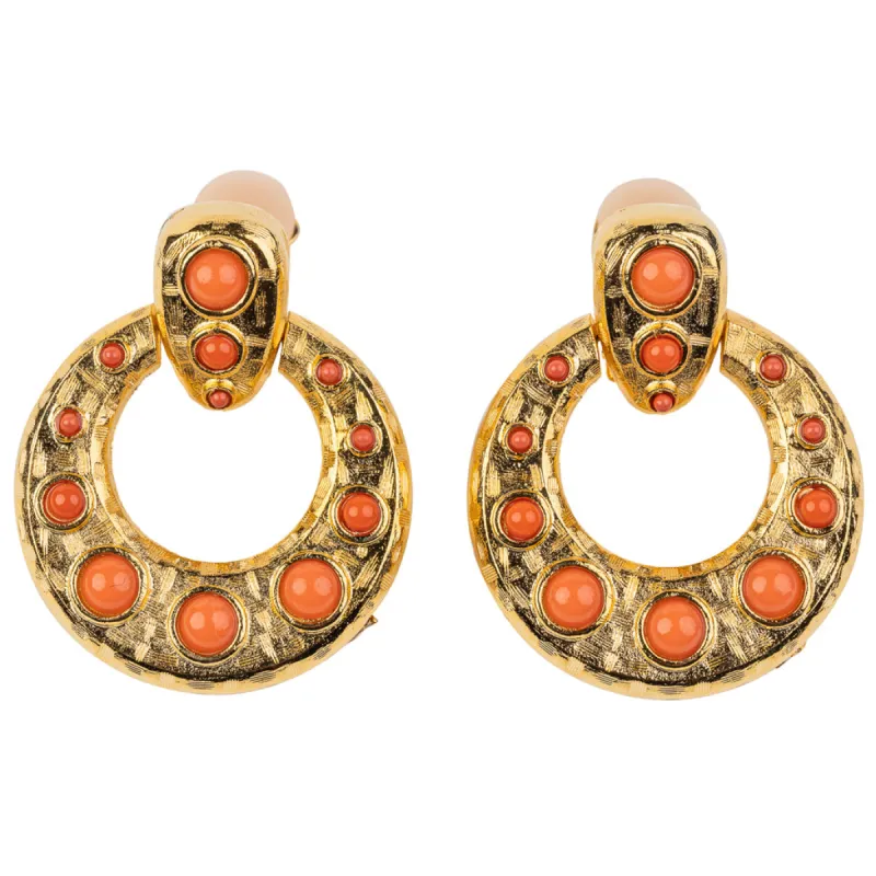 Gold Doorknocker Earring with Coral Cabochons sold by Kenneth Jay Lane