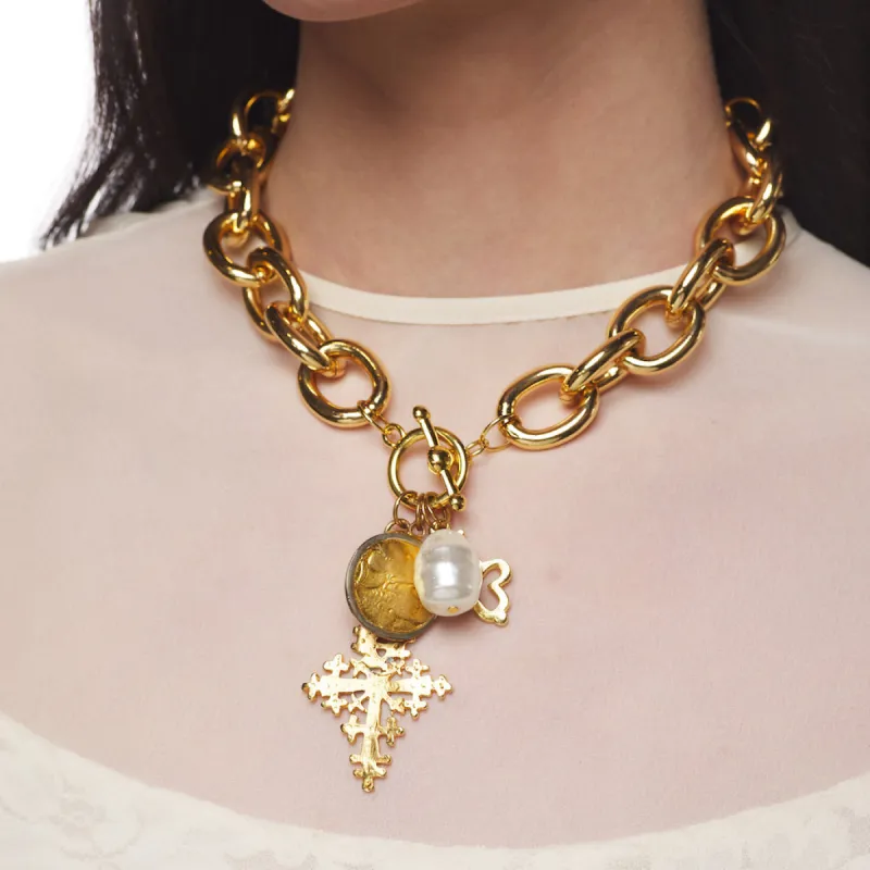 Link Necklace with Pearl & Gold Charms sold by Kenneth Jay Lane