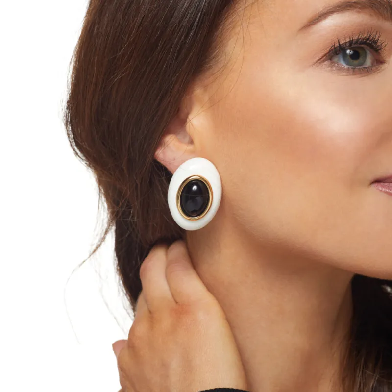 White with Black Center Oval Clip Earring sold by Kenneth Jay Lane