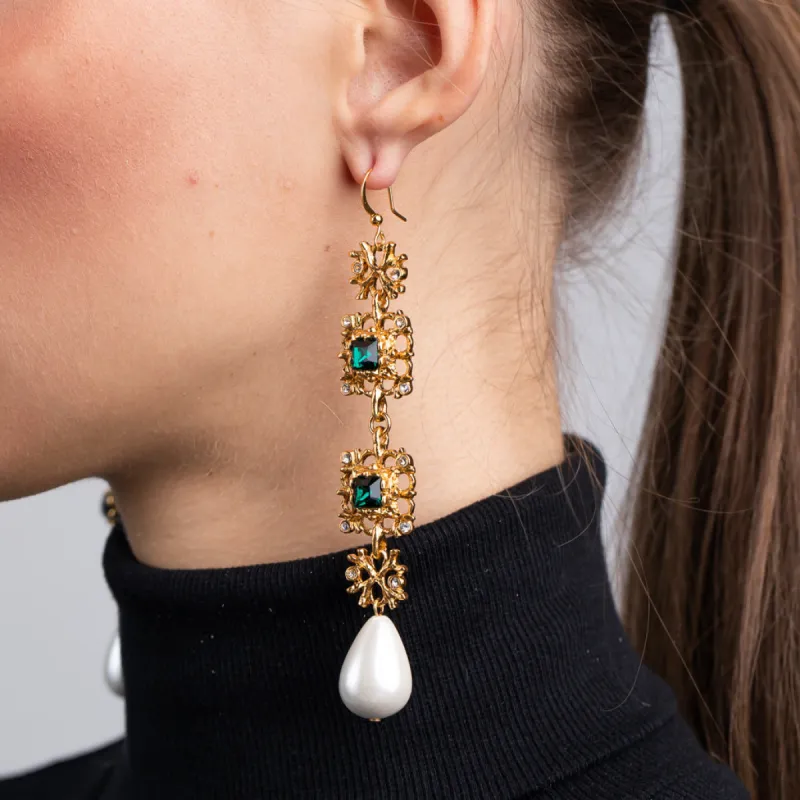 Antique Gold Crystal Emerald and White Pearl Earrings sold by Kenneth Jay Lane