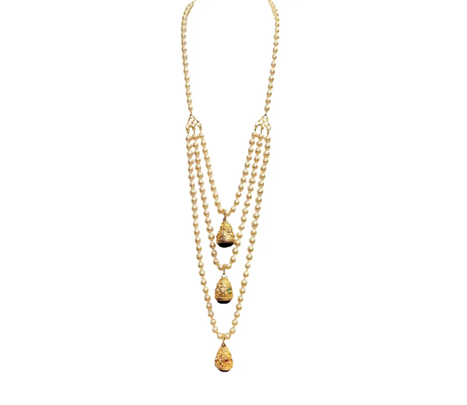 Vintage Pearl & Gold Carved Gemstone Pendant Layer Necklace sold by Kenneth Jay Lane