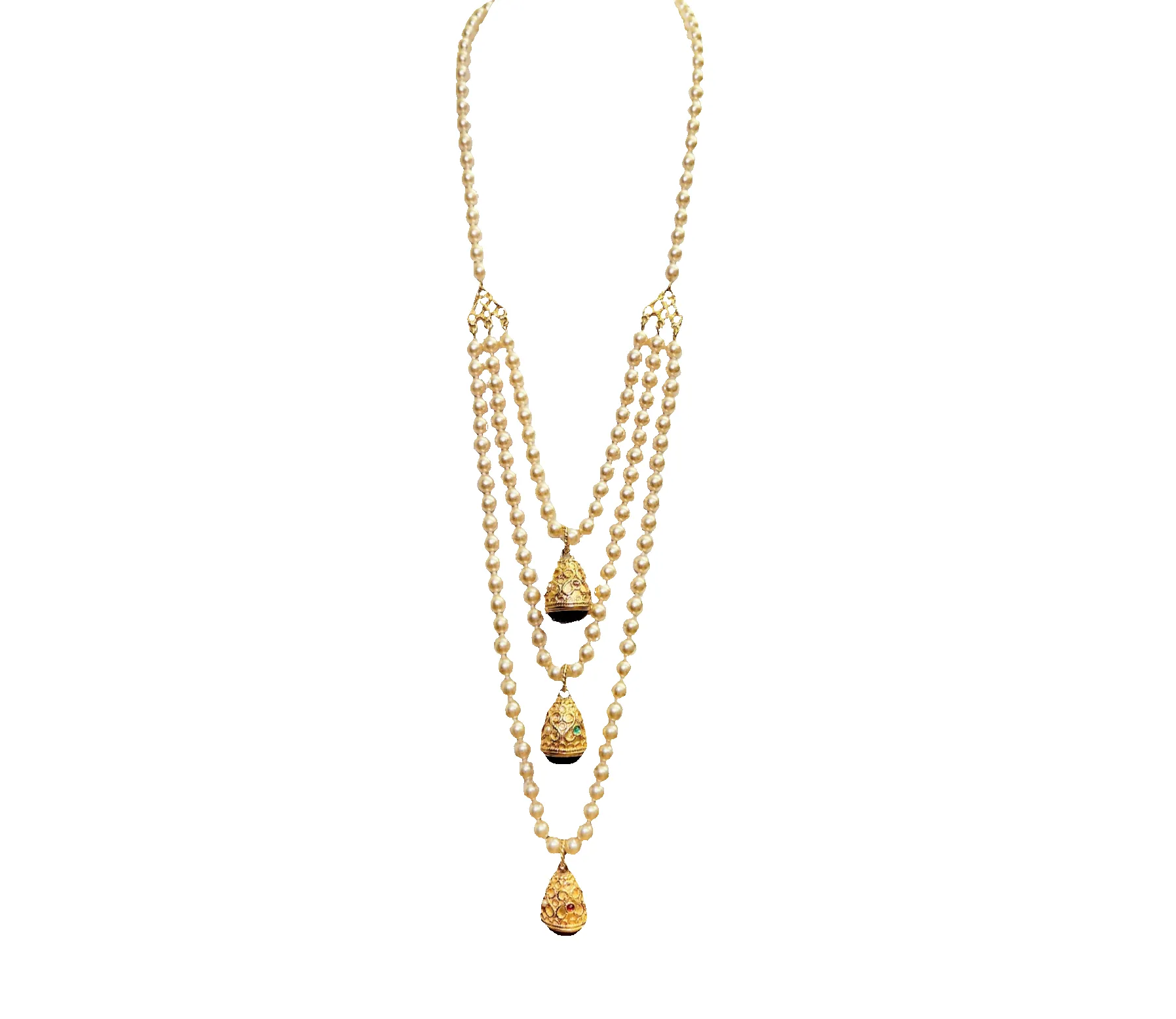 Vintage Pearl & Gold Carved Gemstone Pendant Layer Necklace sold by Kenneth Jay Lane