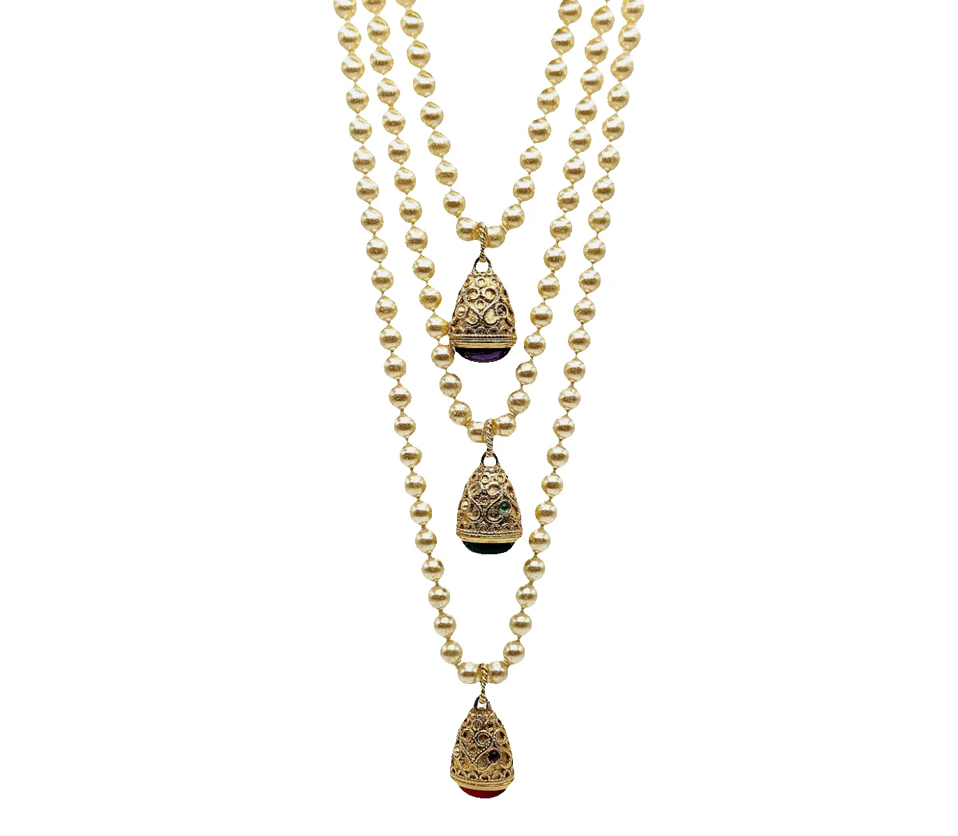 Vintage Pearl & Gold Carved Gemstone Pendant Layer Necklace sold by Kenneth Jay Lane product image thumbnail 2