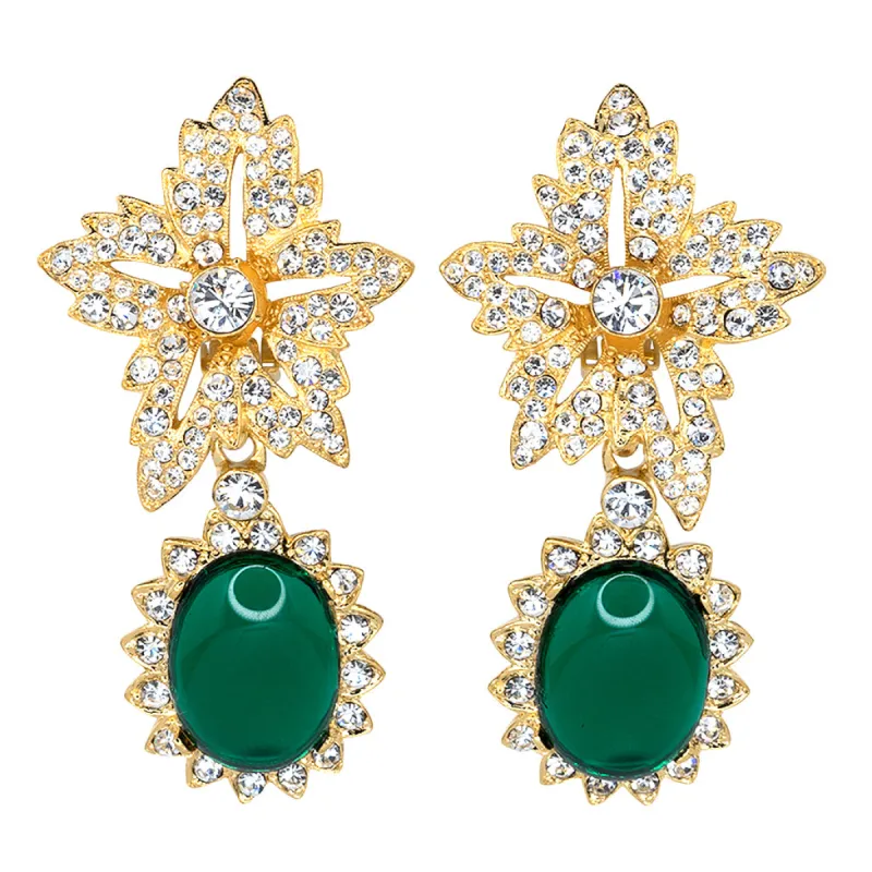 Gold Crystal Flower Top Emerald Cab Drop Clip Earrings sold by Kenneth Jay Lane